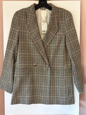 H&M Plaid Blazer NWT Double Breasted Brown Tan Check Suit Jacket XS Extra Small